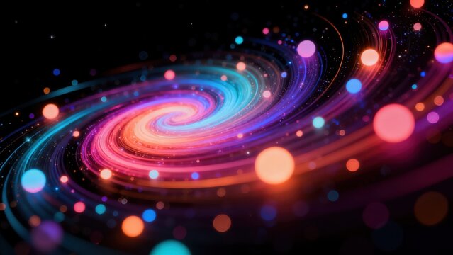 Colorful spiral galaxy with glowing orbs