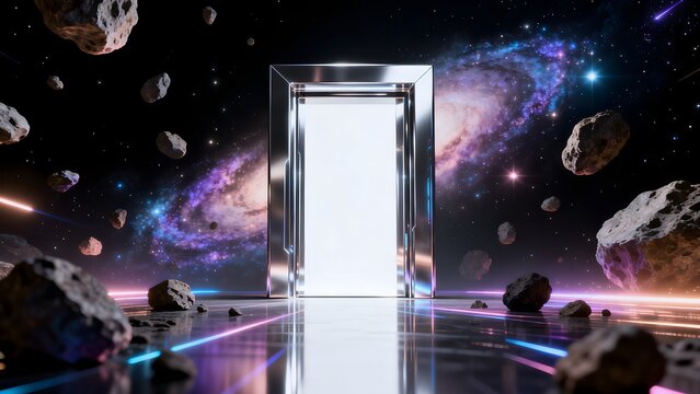 Space portal with asteroids and galaxy