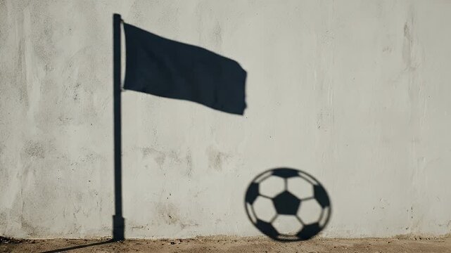A minimalist video showcasing the shadows of a soccer ball and a flag against a plain textured wall. The flag's shadow is cast on the left, while the soccer ball's shadow appears to the right,