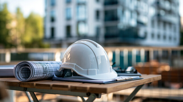 A roll of architectural blueprints, a hard hat and a clipboard on a folding table at a building site, construction inspection, blueprint analysis, building site, hard hat,