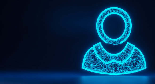 A glowing low-polygon icon of a person made with neon blue lines on a dark background, representing technology and digital identity.