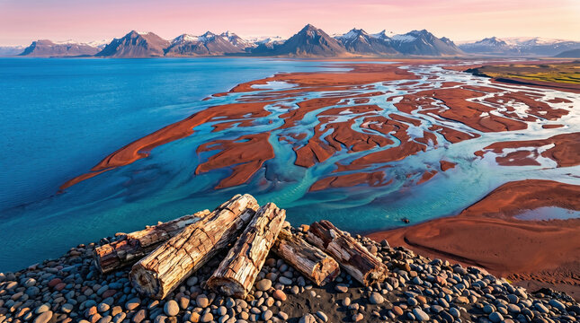 Aerial view of braided river channels with red sediments and mountains in iceland at sunset