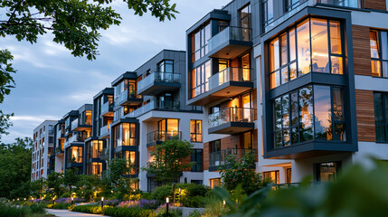 Obraz premium A modern block of apartments with glowing windows nestled in a green park area at evening, residential complex, luxury apartments, urban architecture, evening glow, green