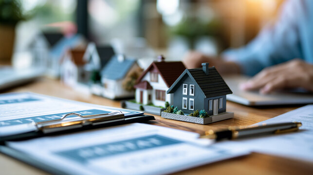 A row of miniature house models lined up on a desk beside a clipboard and rental contracts, property management, real estate investment, house rental, multiple properties,
