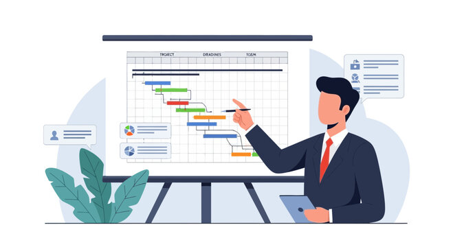 Business man presenting Gantt chart project timeline with digital tablet