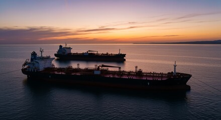 Obraz premium Aerial view of oil and gas tanker ships anchored offshore at sunset, silhouetted in the bay