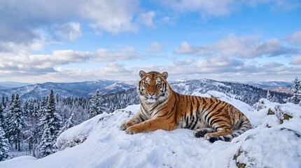 Obraz premium Majestic tiger resting on snowy mountain peak.