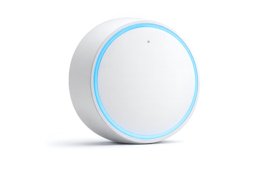 Modern white smart speaker with blue glowing circle on front angled on plain white background showcasing sleek design and technology