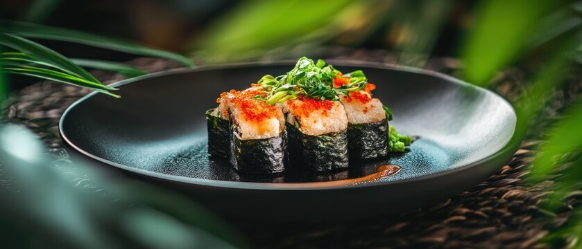 Sushi roll orange fish eggs seaweed rice close up food photography