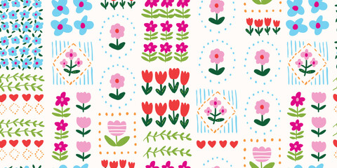 Obraz premium Seamless summer floral patchwork pattern with red and pink flowers on a light background, cute spring flower repeat design for kids fabric, textile print, wallpaper, wrapping paper, seasonal fashion