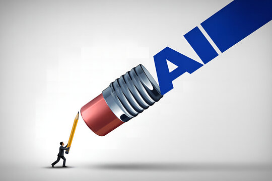 Man pushing giant pencil with ai text symbolizing artificial intelligence and human collaboration