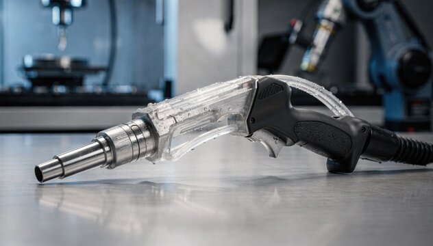 Medium shot of watercooled welding gun with visible cooling tubes sleek nozzle design and sturdy trigger emphasizing advanced manufacturing in a hightech facility.
