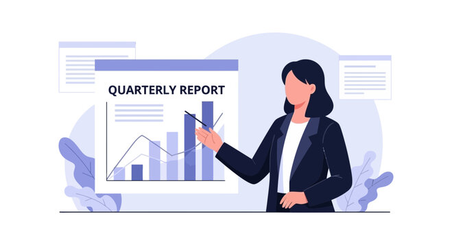 Businesswoman presenting a quarterly report with financial charts in a modern illustration.