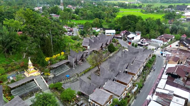 Scenic aerial panorama of traditional Batak village by Lake Toba in North Sumatra Indonesia