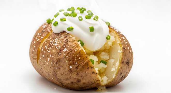 Hot baked potato topped with sour cream and chives on a white background