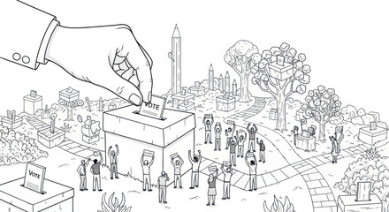 Obraz premium Line art illustration of a hand putting a vote ballot into a box in a conceptual landscape
