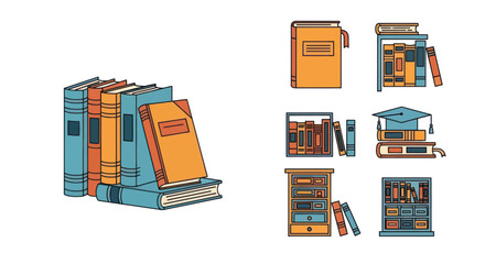 Set of book illustrations including stacks and bookshelves for education and reading concepts © Caket