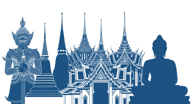 Iconic Thai cultural elements: Guardian, stupas, temples, and Buddha statue.