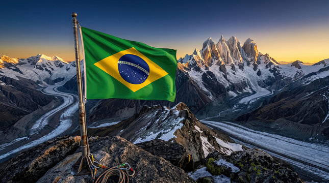Brazilian flag waving on a mountain peak overlooking snowy glaciers and jagged rocky mountain tops