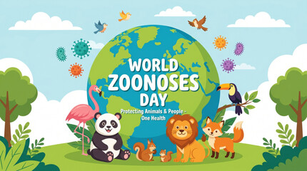 Naklejka premium Zoonoses global awareness illustration with wildlife animals and earth concept for public health prevention campaign
