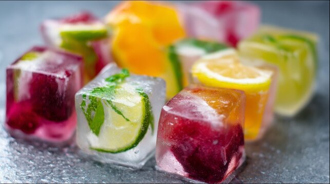 Ice cubes with fruits inside, macro shot, summer beverage concept