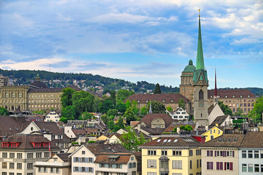 Panoramic view of Zurich Old Town with Predigerkirche and University of Zurich from Lindenhof hill