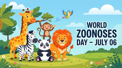 Naklejka premium Zoonoses education banner with wildlife animals and global health awareness concept for children learning campaign design