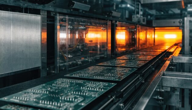 Medium shot capturing circuit boards passing through multiple temperature zones in a reflow oven with a specialized conveyor showcasing precise thermal profiles in electronics