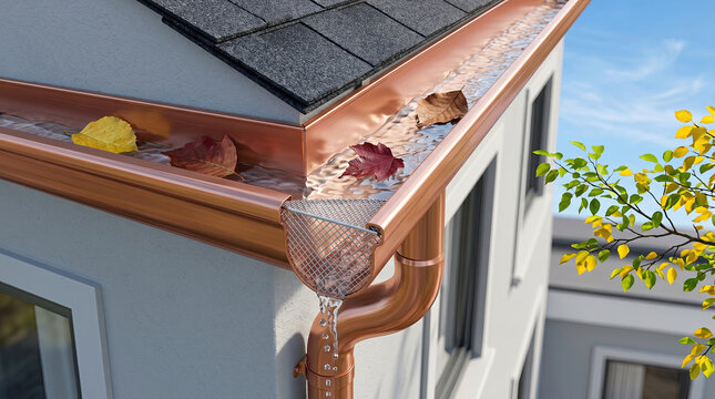 Copper rain gutter system on a residential house roof with fallen leaves and water flowing down