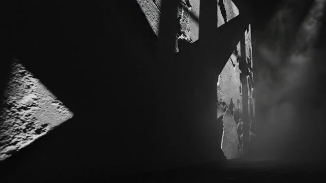 Dramatic black and white shadows from a window on a textured wall in a mysterious, foggy room with a dark atmosphere
