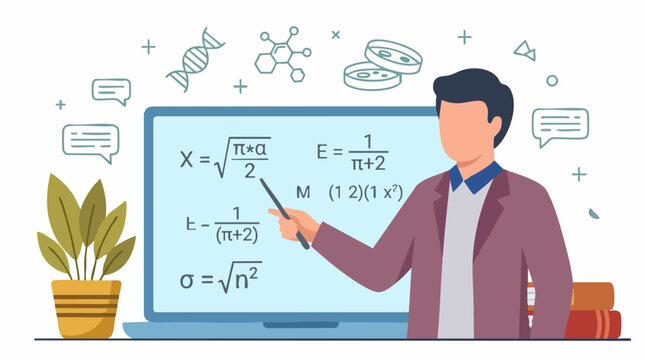Male teacher explaining scientific and mathematical equations during an online lesson
