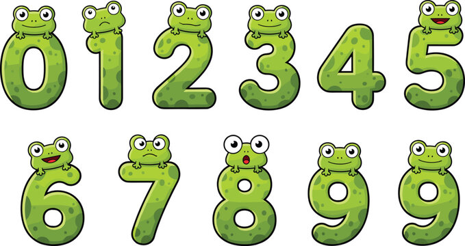 Cartoon frog number illustrations with playful green textures for children&rsquo;s educational vector design concepts