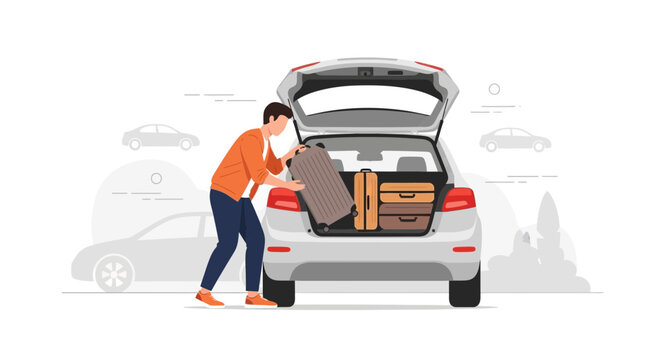 Man loading luggage into car trunk for travel, vacation trip packing, journey preparation