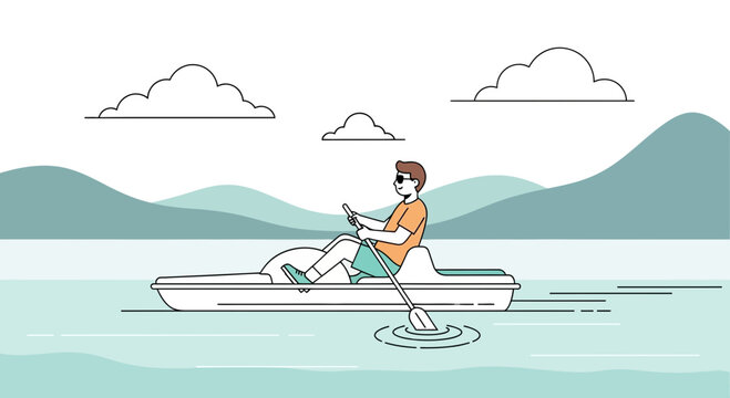 Man paddling a pedal boat on a calm lake with rolling hills and clouds in the background