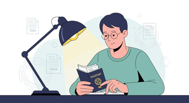 Man reading passport and visa documents under desk lamp, travel planning concept