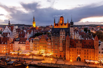 Fototapeta premium Aerial View of Gdansk Old Town at Dusk with St. Mary's Church