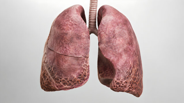 3D Medical Lung Render, Posterior Basal Subpleural Reticulation, Mild Honeycombing, Fibrotic Mesh Lines, Peripheral Cystic Spaces, Realistic Trachea Bronchi, Clinical Anatomy