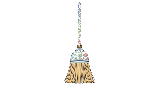 A domestic straw besom with yellow bristles is a wooden cleaning tool isolated on a white background for housework and sweeping dust in a clean home