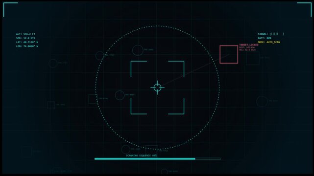Futuristic digital interface tracking moving target with radar scan data