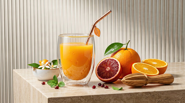 Freshly squeezed orange juice in a double walled glass with citrus fruits on a marble table surface