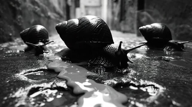 Black and white close up of three snails crawling on wet surface with flowing slime, low angle perspective