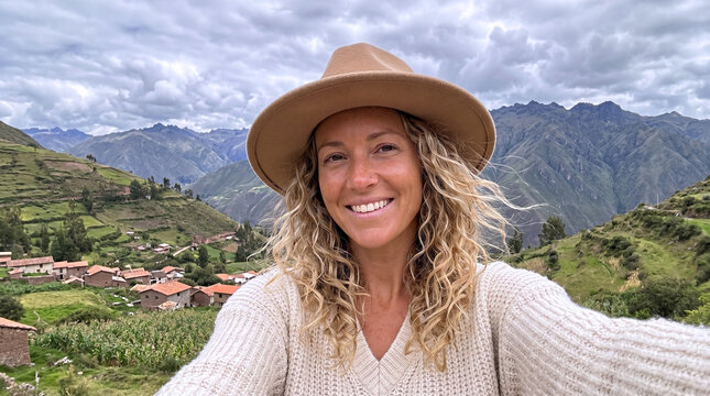 Smiling blonde woman taking selfie with felt hat in front of stunning Peruvian mountain village landscape