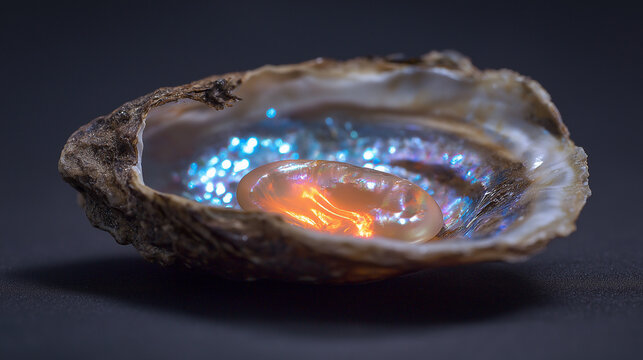 secretion. A luminous pearl nestled inside a dark oyster shell, soft iridescent glow. wildlife magazines, conservation campaigns, designed for wildlife conservation campaigns.
