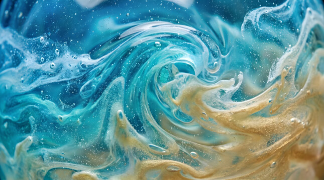 Abstract fluid art with blue and gold swirl pattern, wave-like marble texture with bubbles, luxury background design concept