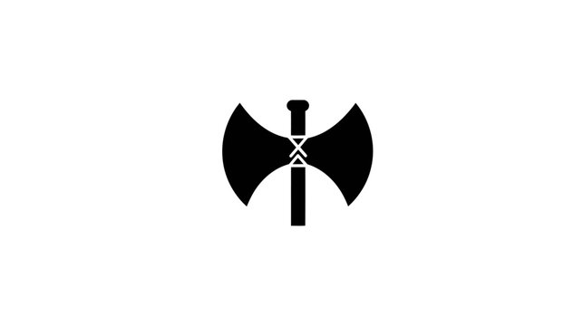 A solid black icon of a double bladed axe, featuring a central shaft with crossing tie like details, presented on a white background.