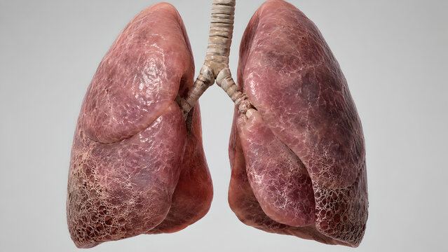 3D Medical Lung Render, Posterior Basal Subpleural Reticulation, Mild Honeycombing, Fibrotic Mesh Lines, Peripheral Cystic Spaces, Realistic Trachea Bronchi, Clinical Anatomy