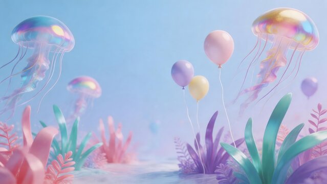 Colorful jellyfish and balloons in underwater scene