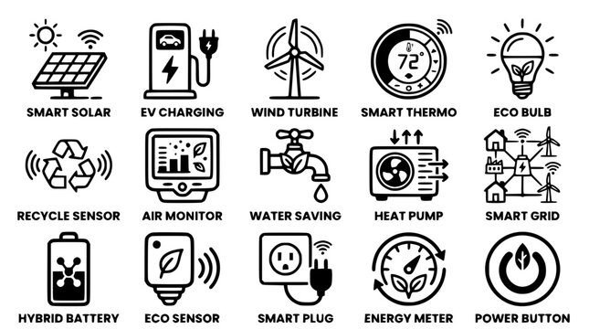Eco friendly technology icons for sustainable living and energy solutions