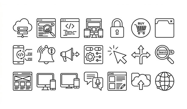 Web Development and SEO Optimization Thin Line Icon Set