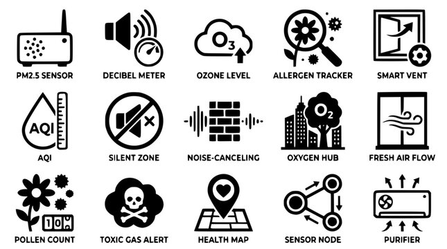 Air quality and pollution icons for health and environment tracking systems